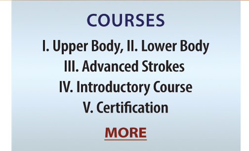 COURSES: I. Upper Body, II. Lower Body, III. Advanced Strokes, IV. Introductory Course, V. Certification. MORE