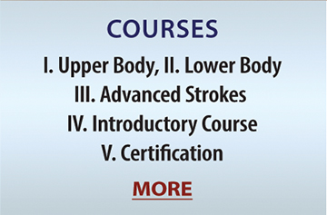 COURSES: I. Upper Body, II. Lower Body, III. Advanced Strokes, IV. Introductory Course, V. Certification. MORE